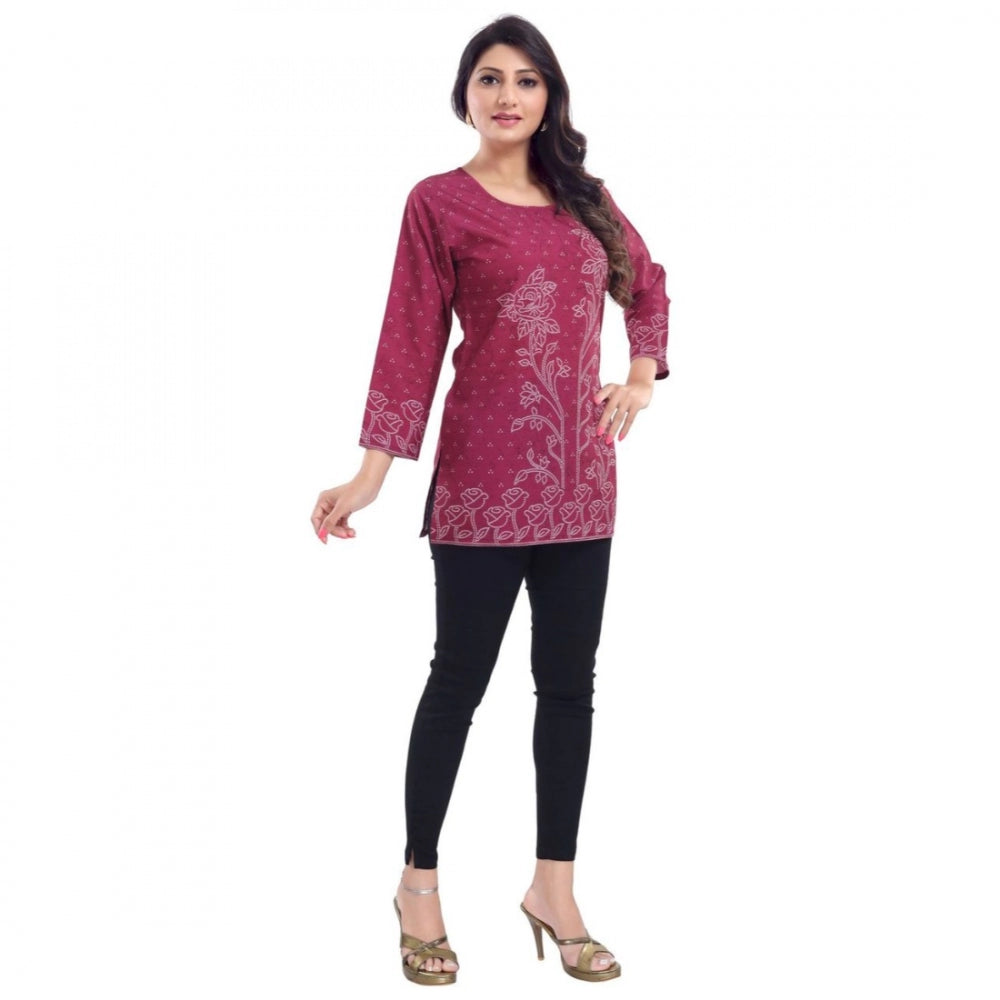 Ranili Quarter Sleeve Faux Crepe Printed Short Kurti Tunic Top