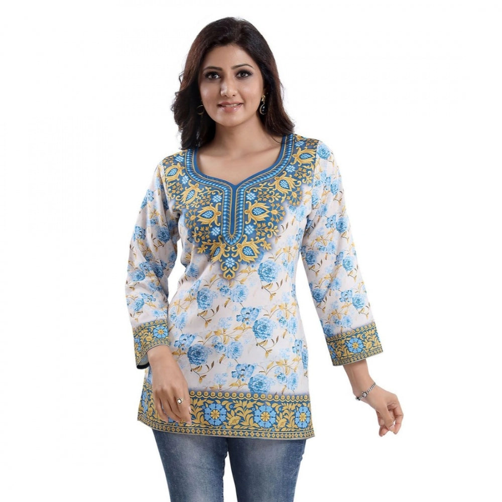 Ranili Quarter Sleeve Faux Crepe Printed Short Kurti Tunic Top