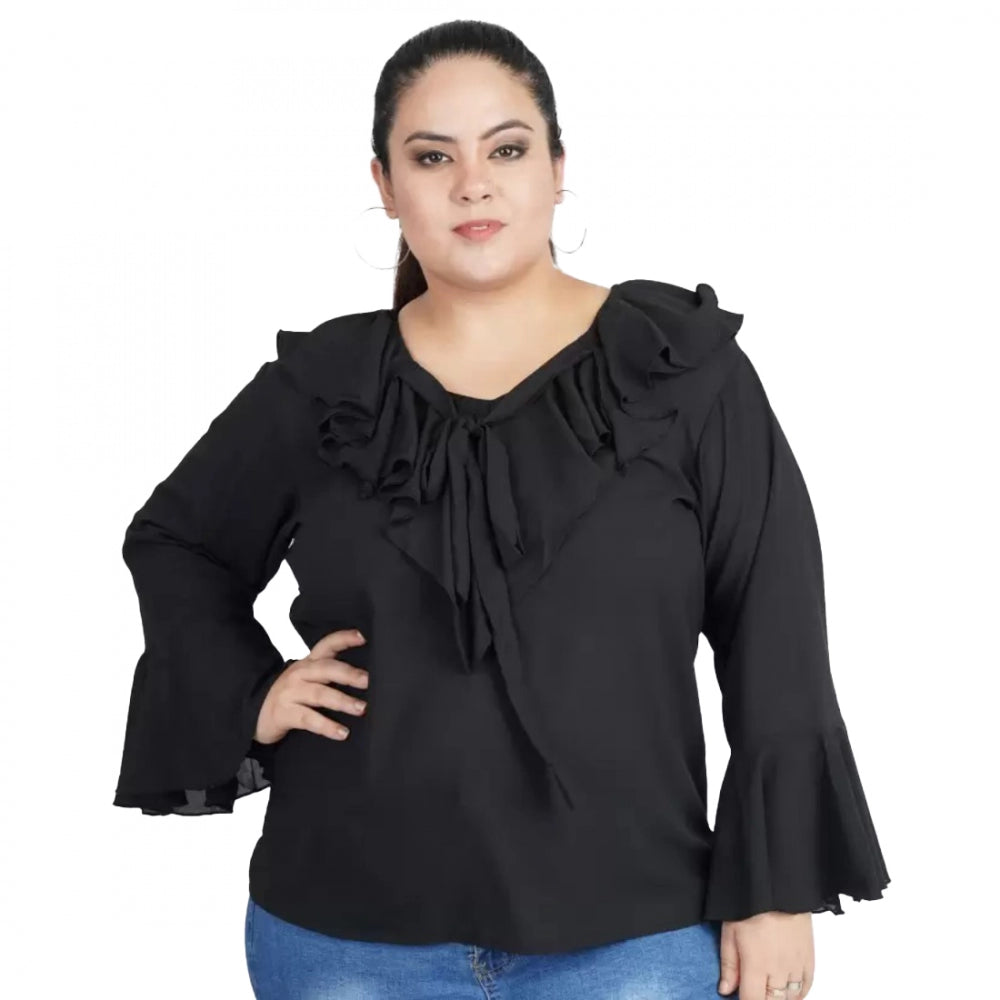 Ranili Casual Bell Sleeve Solid Black Top