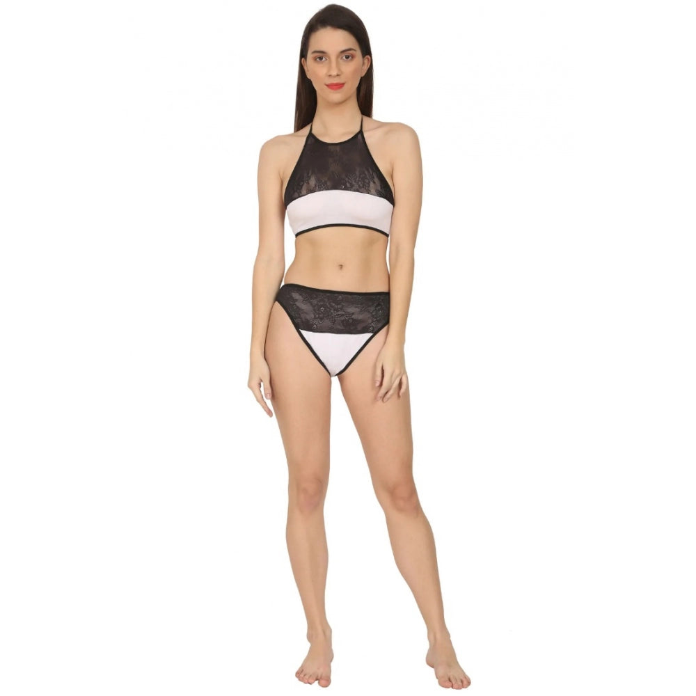 Ranili Cotton Lace Halter Neck Lingerie Black Lace And White Color