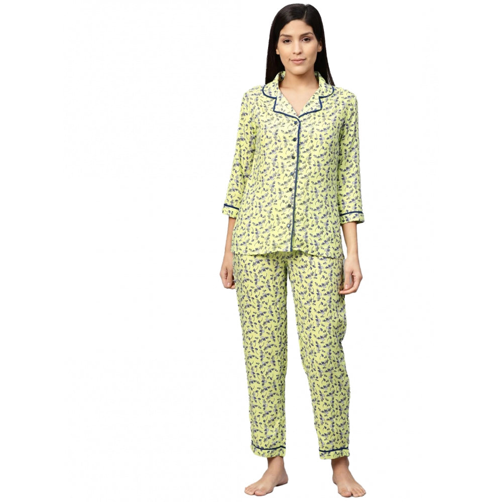 Ranili Casual 3/4 Sleeve Floral Printed Rayon Shirt With Pyjama Pant Night Suit Set