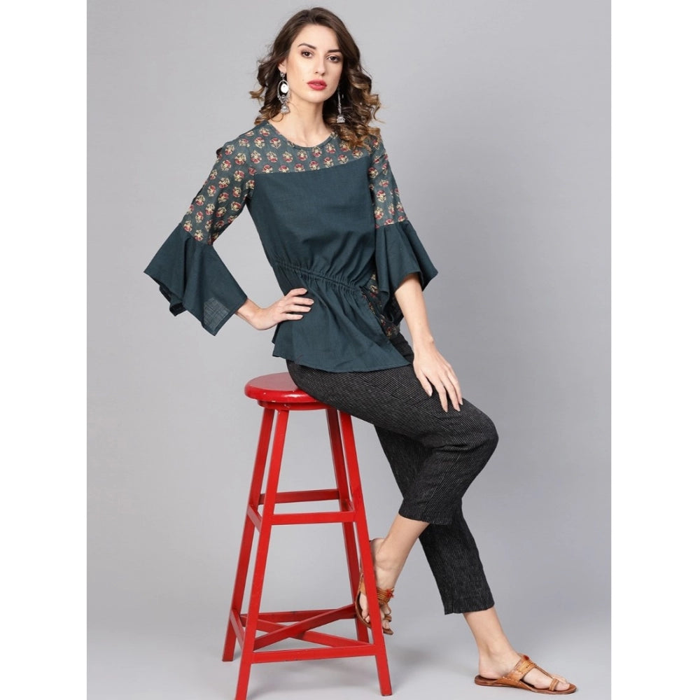 Ranili Casual Bell Sleeves Floral Printed Cotton Slub Top