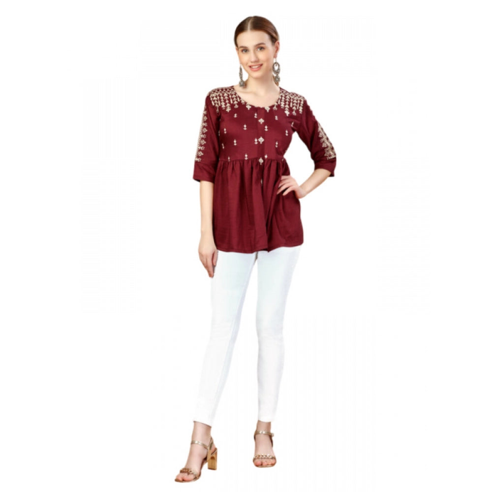 Ranili Casual 3-4 Th Sleeve Embroidered Silk Tunic Top