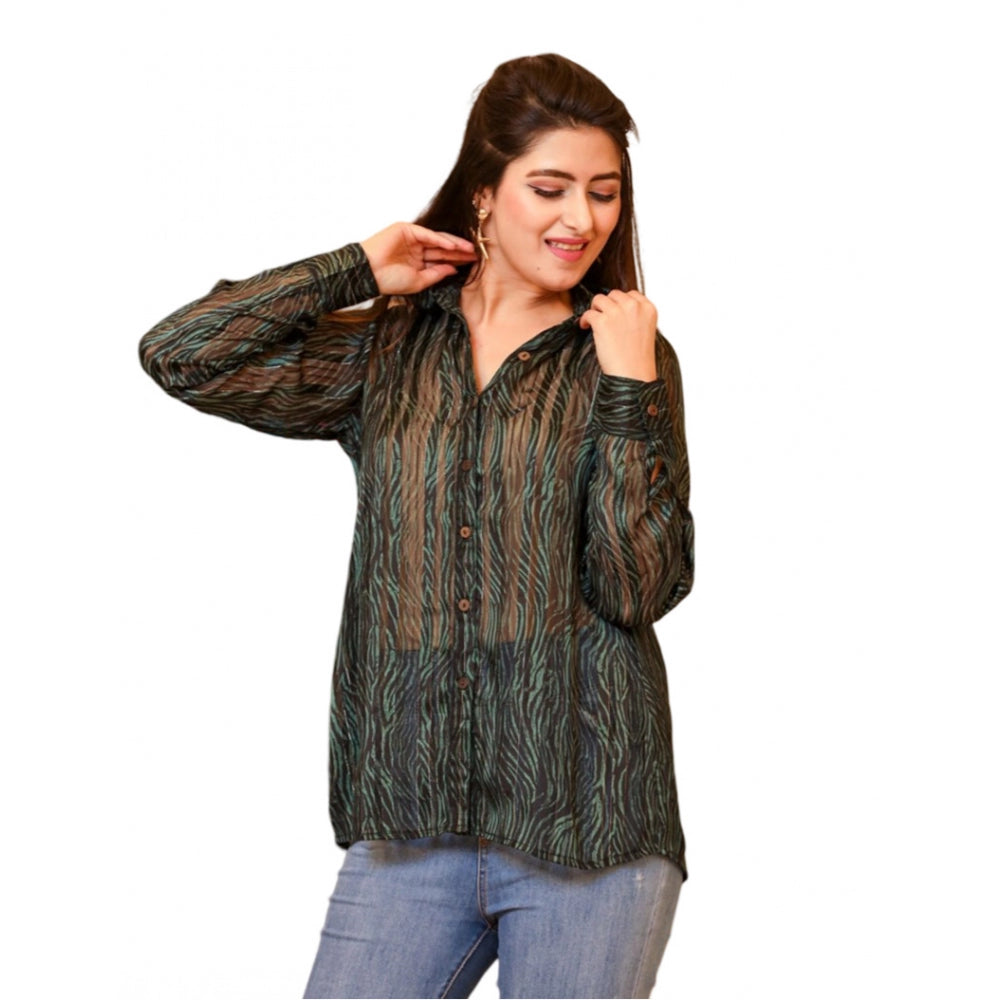 Ranili Chiffon Striped Full Sleeve Collared Shirt Top