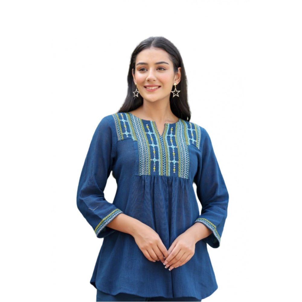 Ranili Cotton Embroidered 3/4 Sleeve V-neck Top