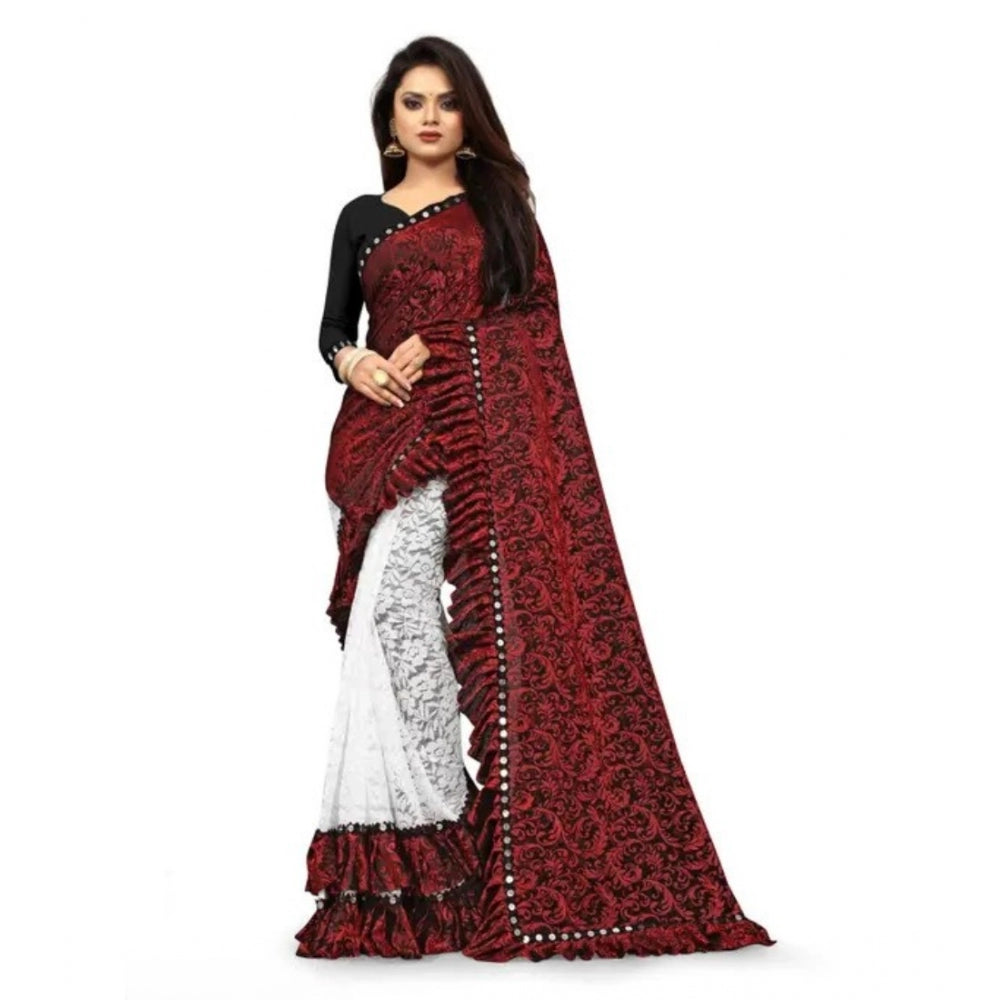 Ranili Silk With Mirror Lace Solid Saree With Unstitched Blouse