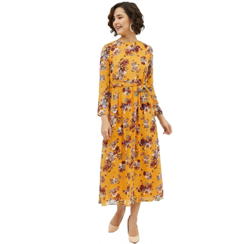 Ranili Polyester Floral Long Sleeves Calf-length Dress