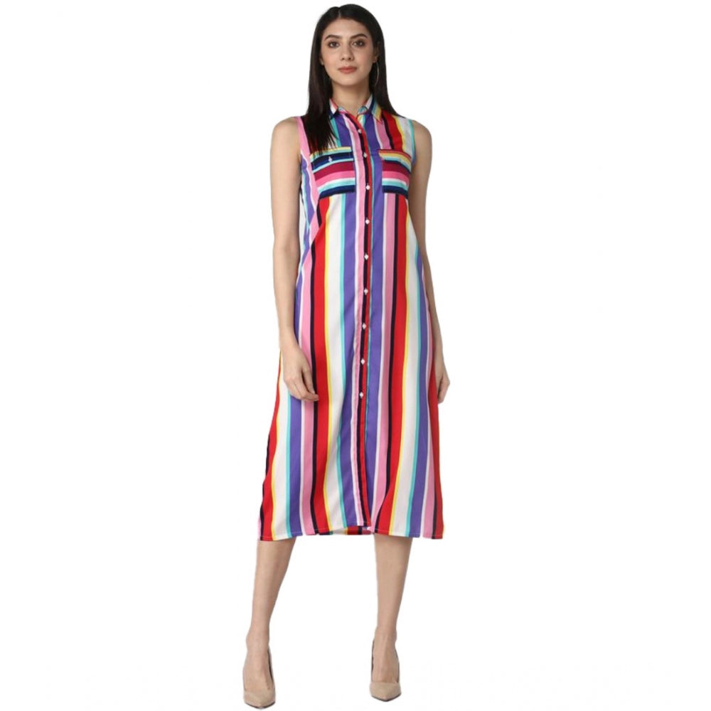 Ranili Polyester Striped Sleeveless Calf-length Dress