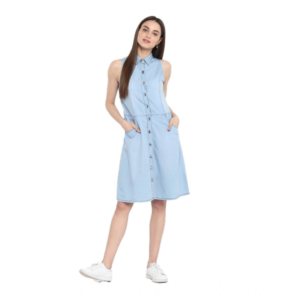 Ranili Denim Solid Sleeveless Below Knee Dress