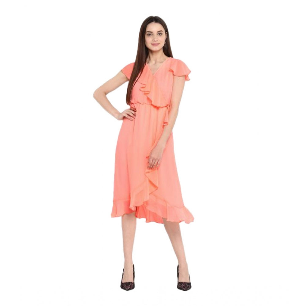 Ranili Polyester Ruffled Cap Sleeve Below Knee Dress