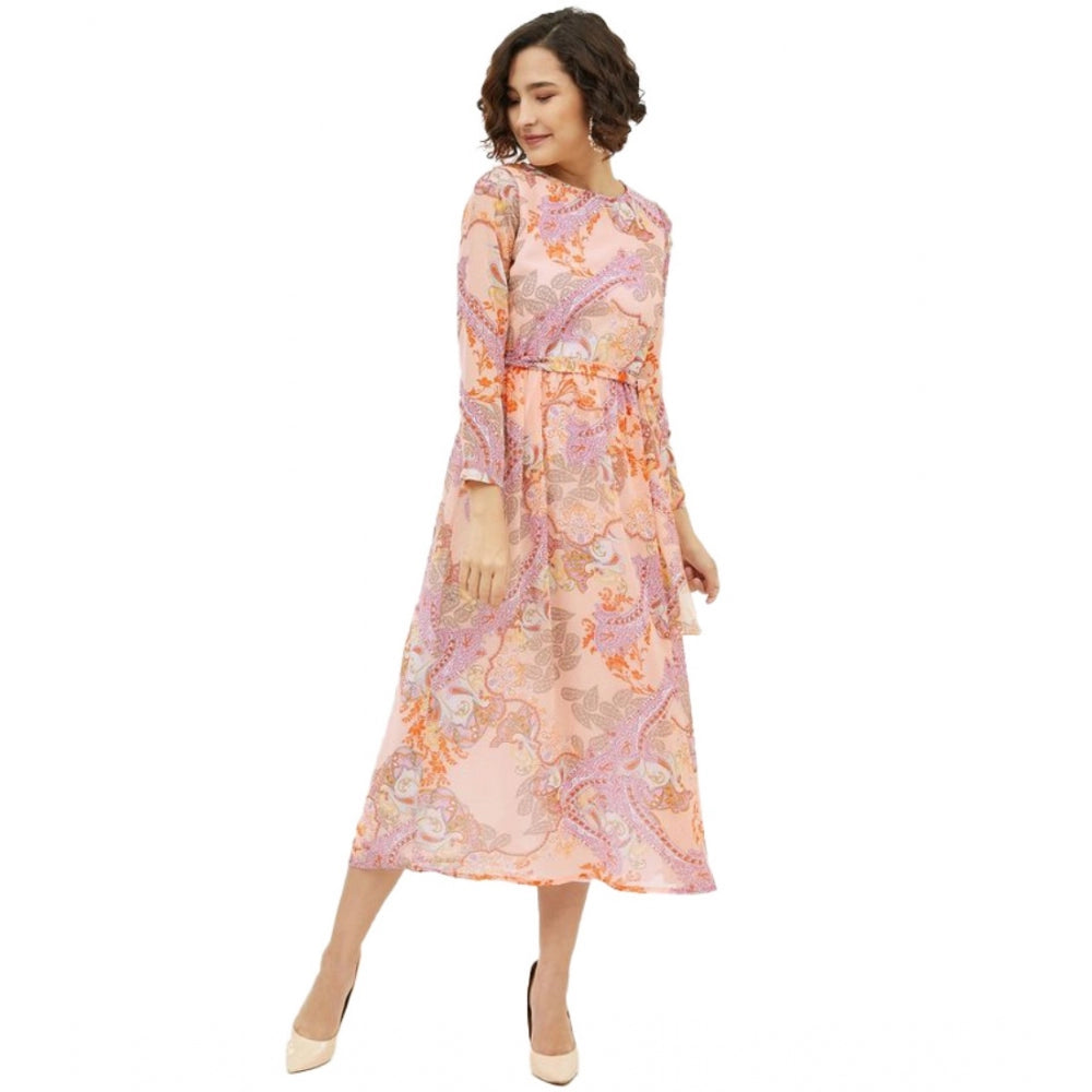 Ranili Polyester Printed Long Sleeves Calf-length Dress