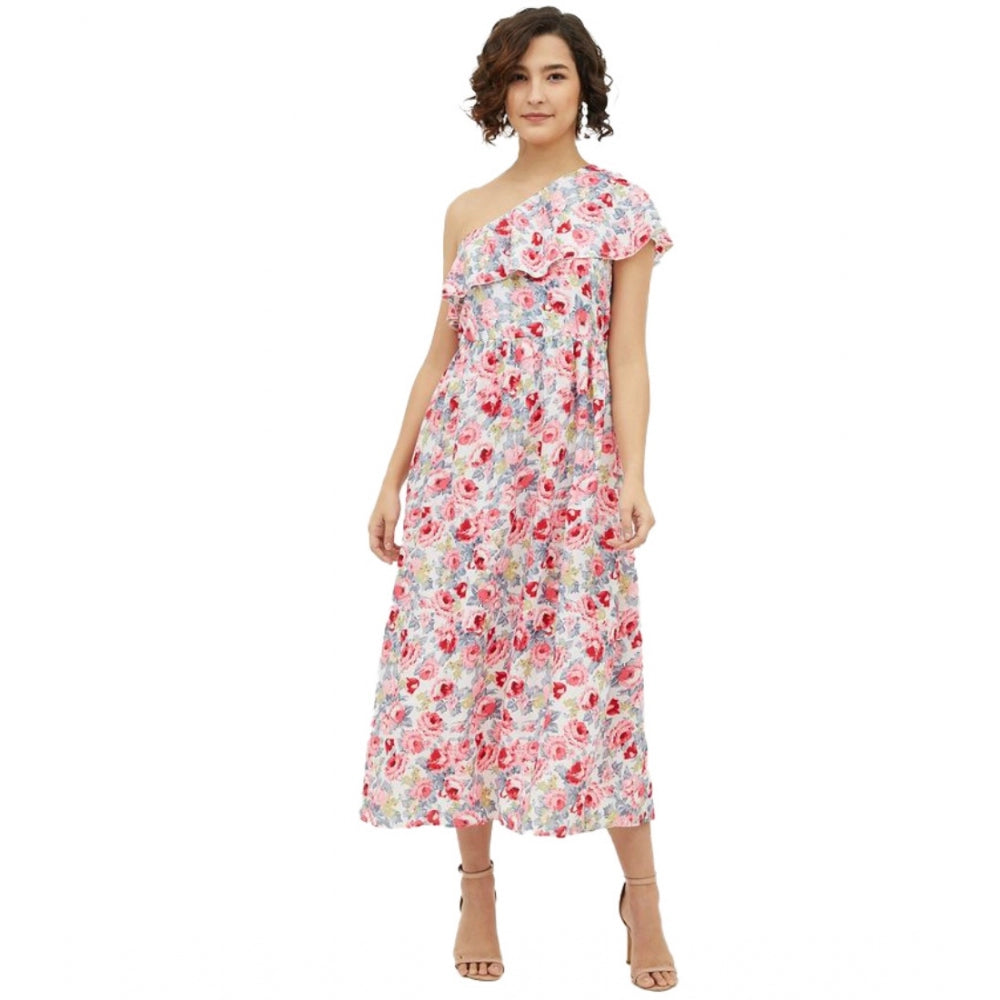 Ranili Polyester Floral One Shoulder Calf-length Dress
