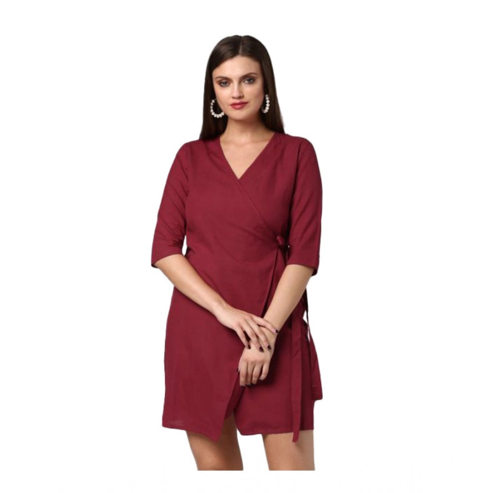 Ranili Cotton Solid 3-4th Sleeves Above Knee Dress
