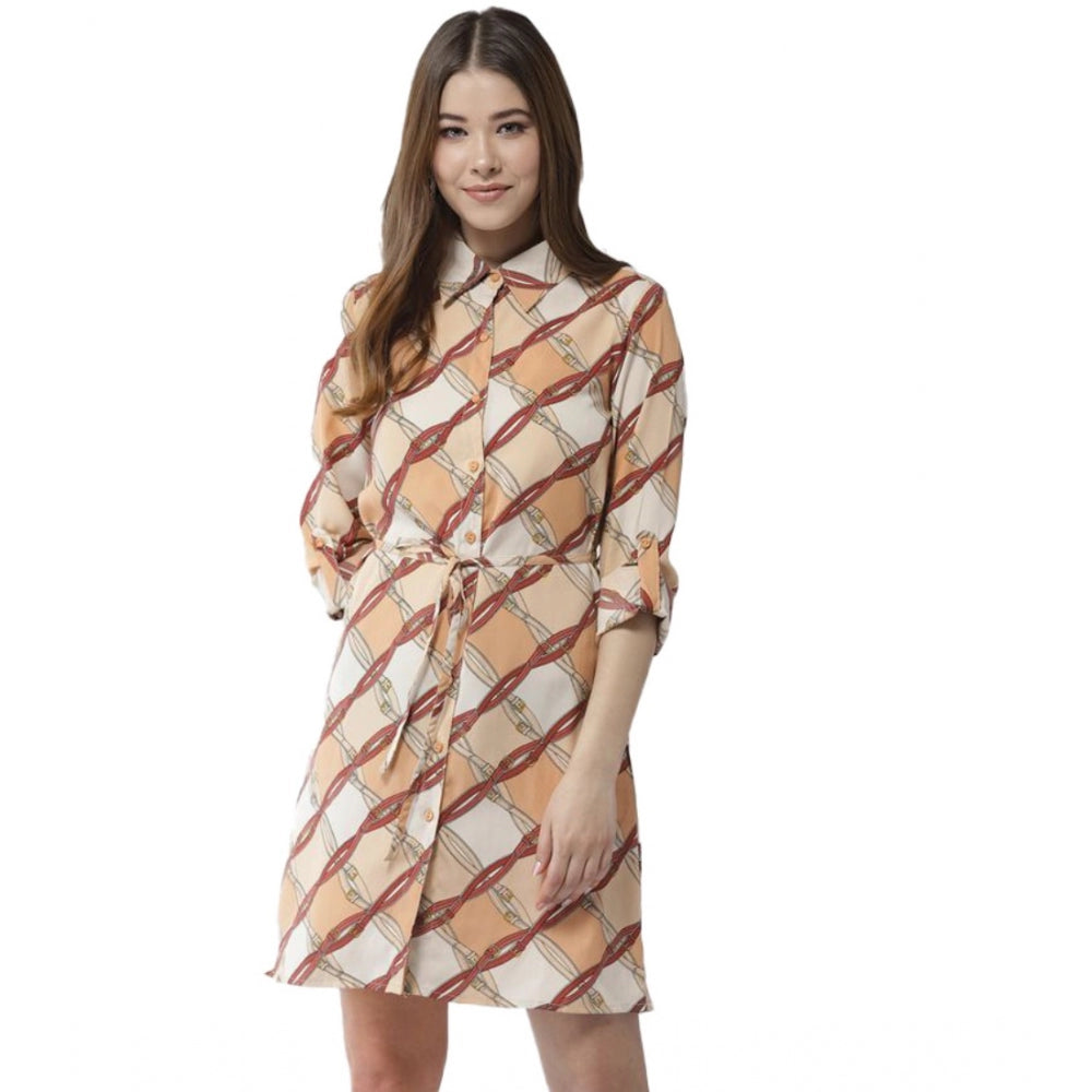 Ranili Polyester Printed Roll Up Sleeve Above Knee Dress