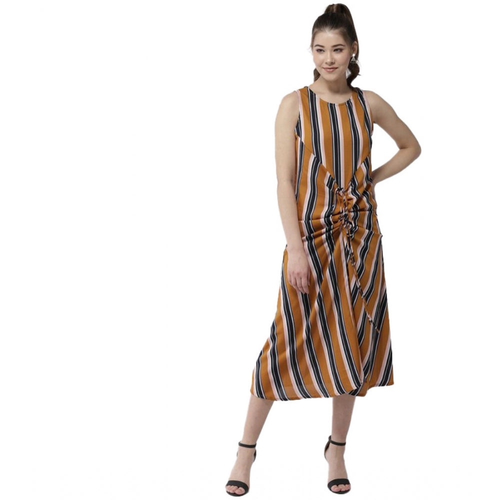 Ranili Polyester Striped Sleeveless Below Knee Dress