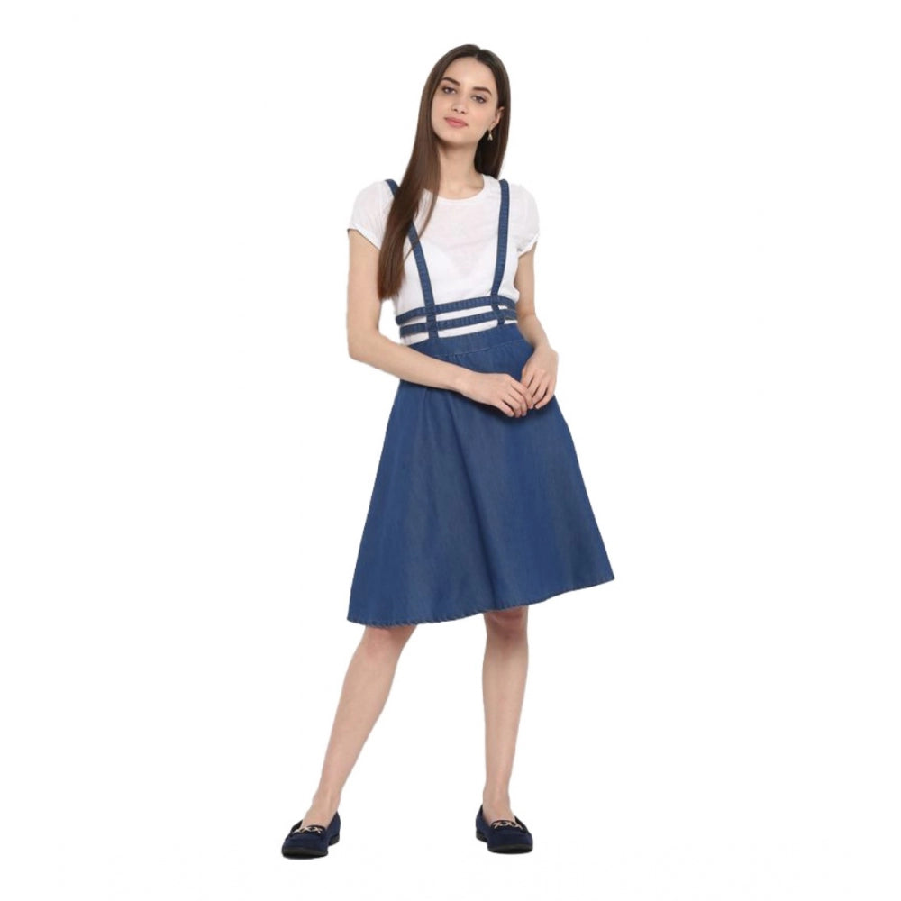 Ranili Denim Solid Shoulder Straps Below Knee Dress