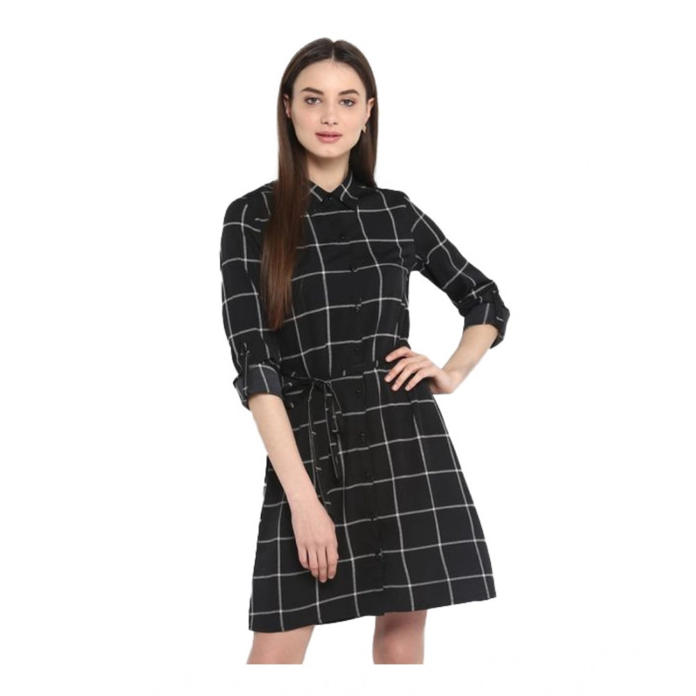 Ranili Polyester Checkered Roll Up Sleeve Above Knee Dress