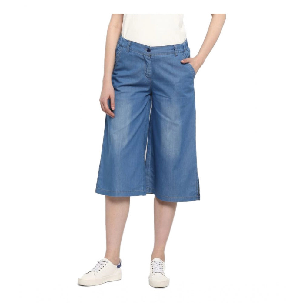 Ranili Denim Solid Buttoned Below Knee Culottes