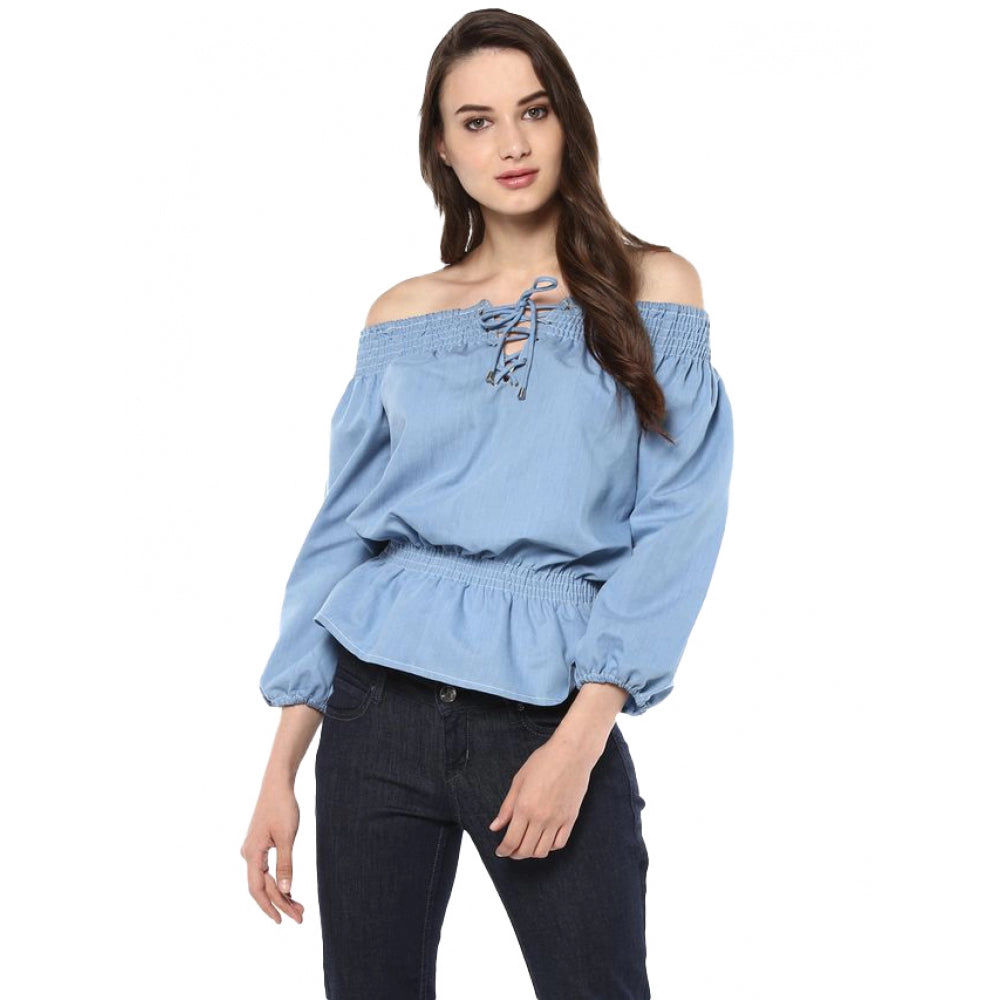 Ranili Denim Solid 3-4th Sleeves Regular Top