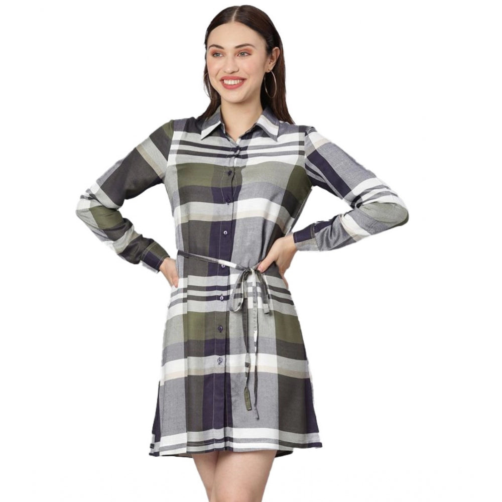 Ranili Cotton Checkered Long Sleeves Above Knee Dress