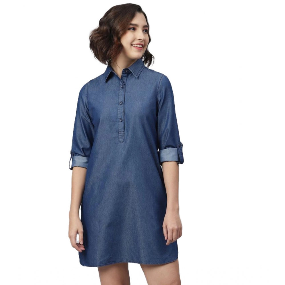 Ranili Denim Solid Long Sleeves Above Knee Dress