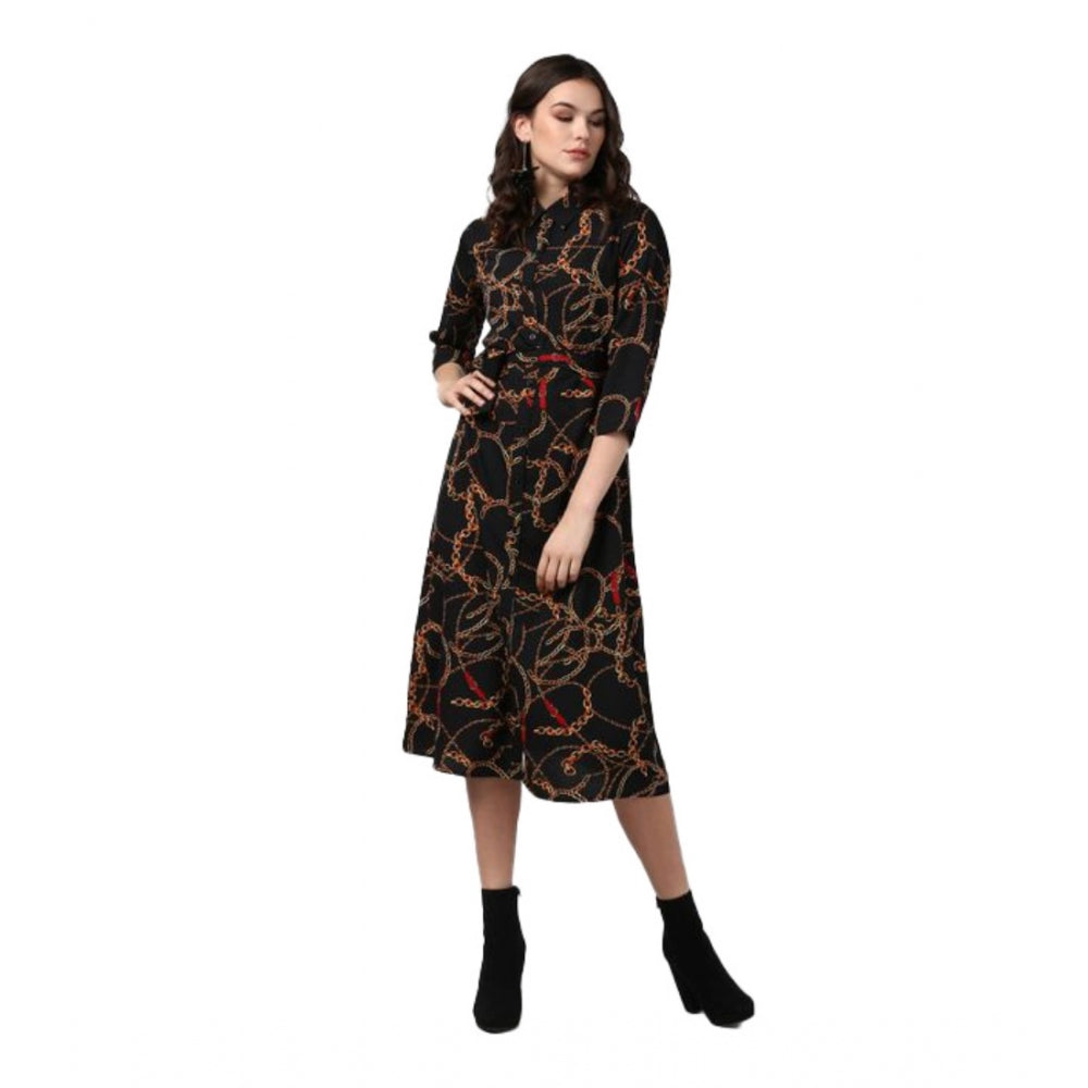 Ranili Polyester Chain Print Roll Up Sleeve Below Knee Dress