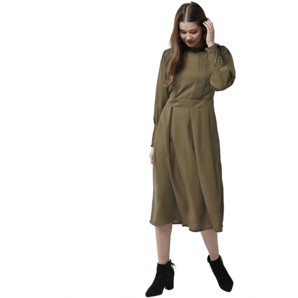Ranili Polyester Pintuck Long Sleeves Below Knee Dress