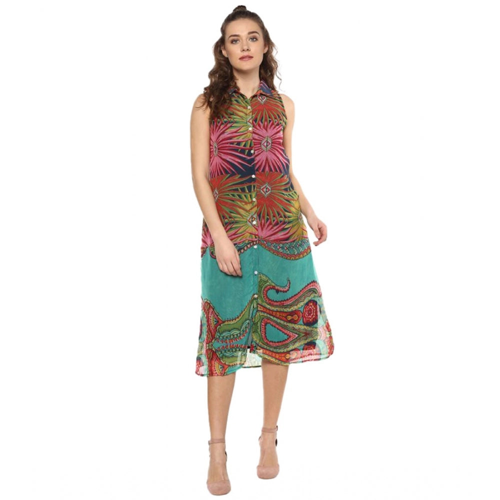 Ranili Polyester Floral Sleeveless Below Knee Dress