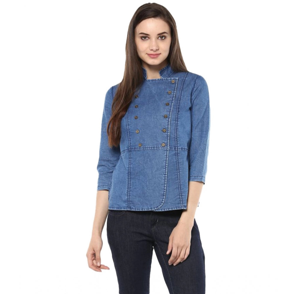Ranili Denim Solid 3-4th Sleeves Regular Top