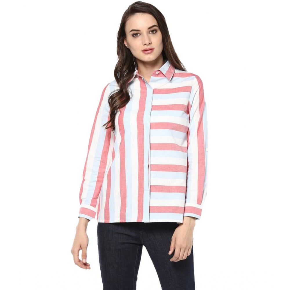 Ranili Cotton Striped Roll Up Sleeve Regular Top