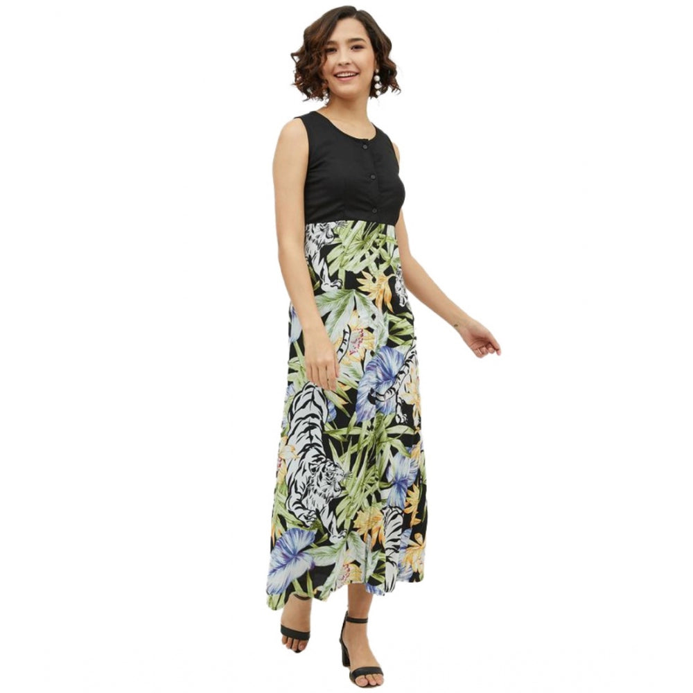 Ranili Rayon Floral Sleeveless Calf-length Dress