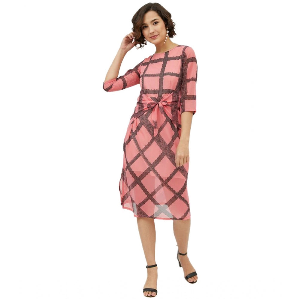 Ranili Polyester Checkered 3-4th Sleeves Below Knee Dress