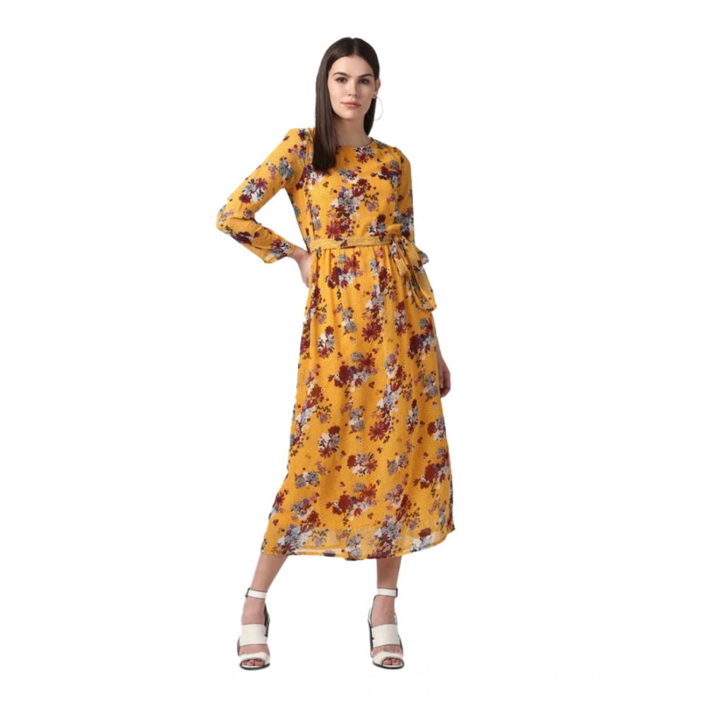 Ranili Polyester Floral Long Sleeves Calf-length Dress
