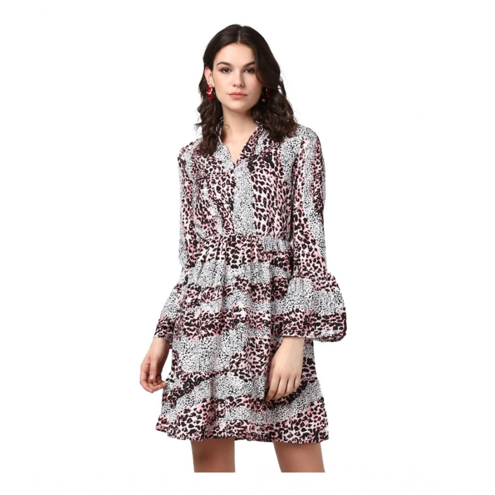 Ranili Polyester Animal Print Bell Sleeve Above Knee Dress