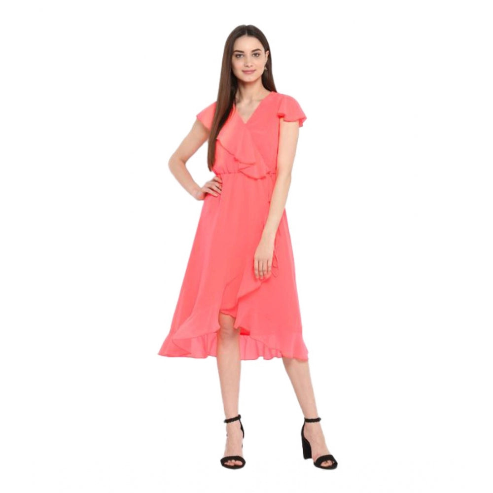Ranili Polyester Ruffled Cap Sleeve Below Knee Dress