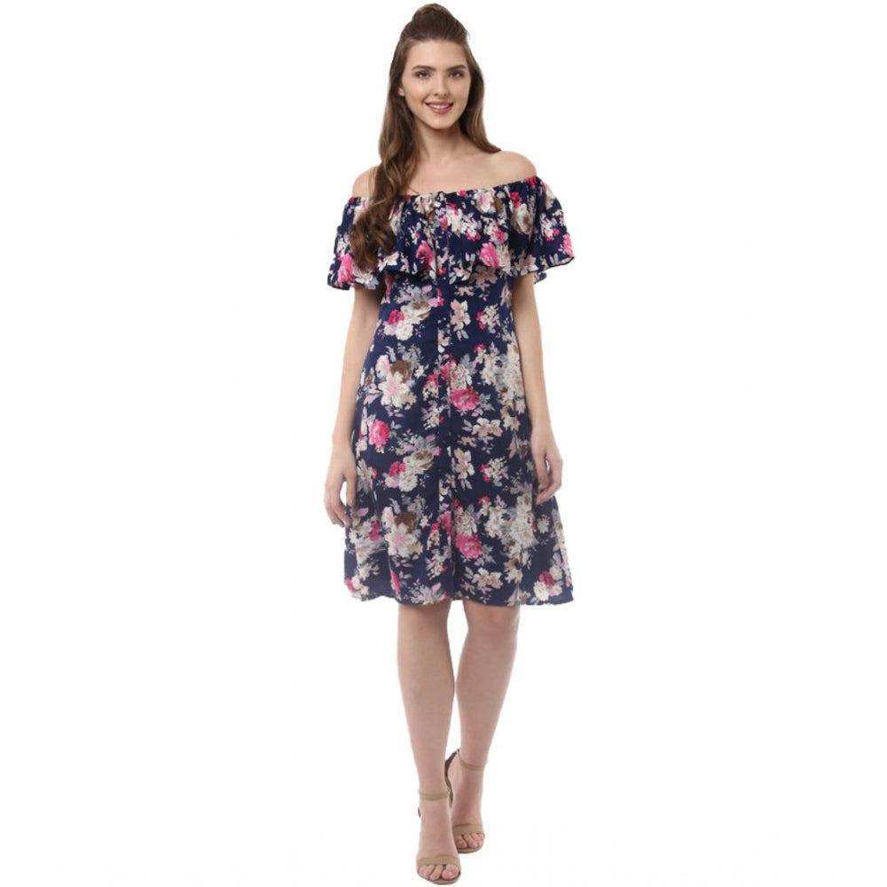 Ranili Polyester Crepe Floral Half Sleeve Above Knee Dress