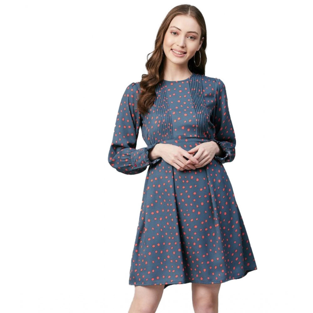 Ranili Polyester Polka Long Sleeves Above Knee Dress