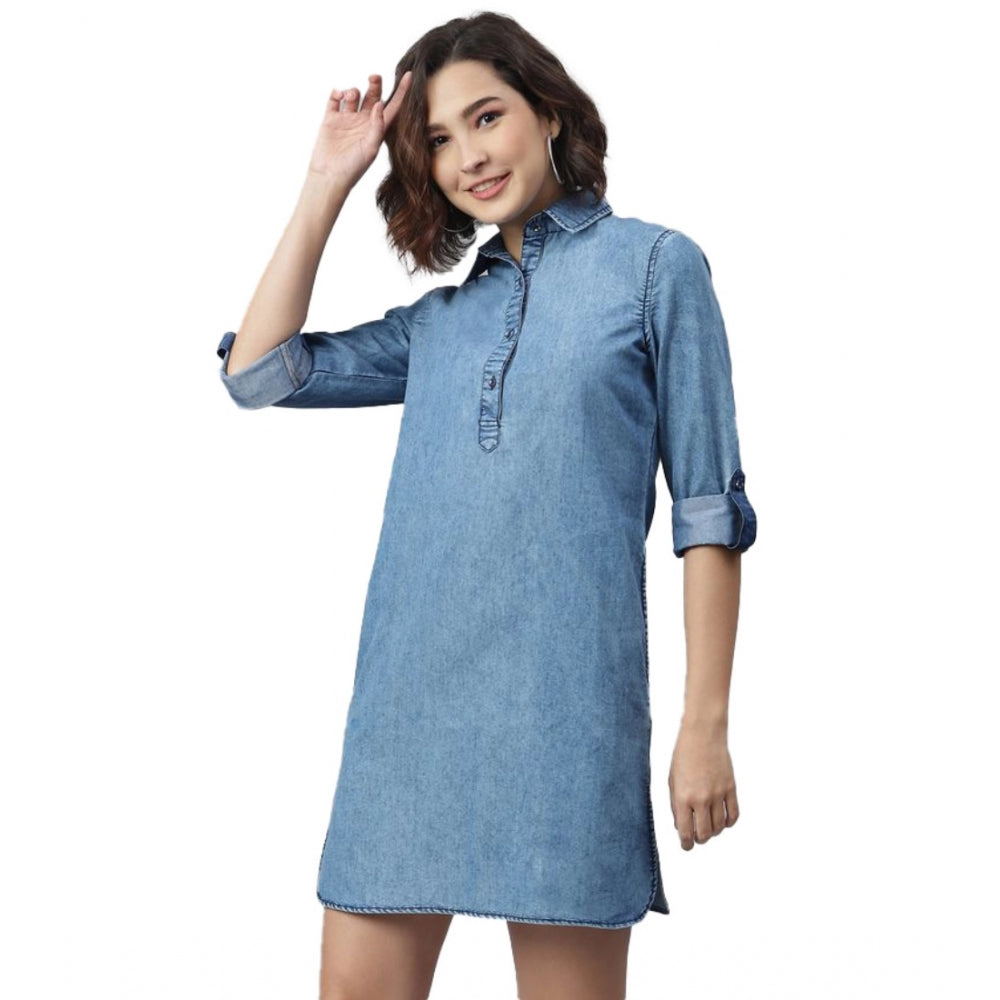 Ranili Denim Solid Long Sleeves Above Knee Dress