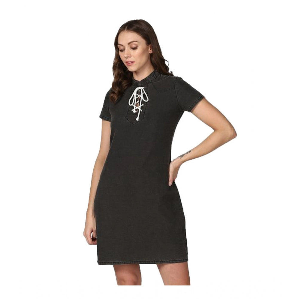 Ranili Denim Solid Short Sleeve Above Knee Dress
