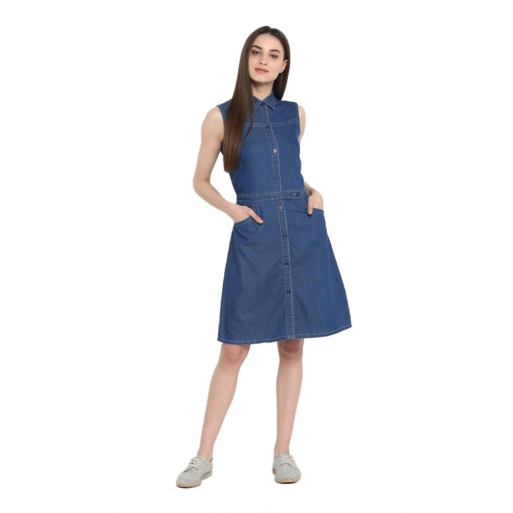 Ranili Denim Solid Sleeveless Above Knee Dress