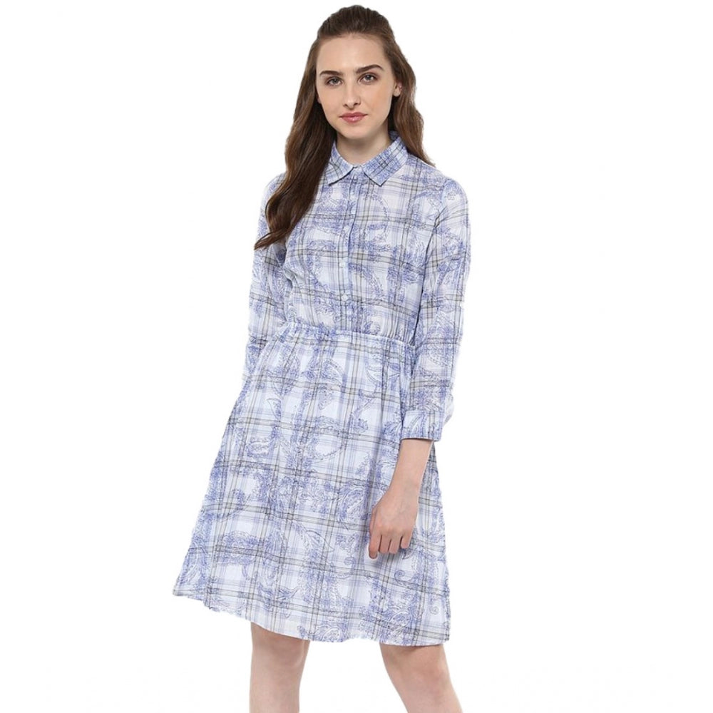Ranili Cotton Checkered Roll Up Sleeve Above Knee Dress