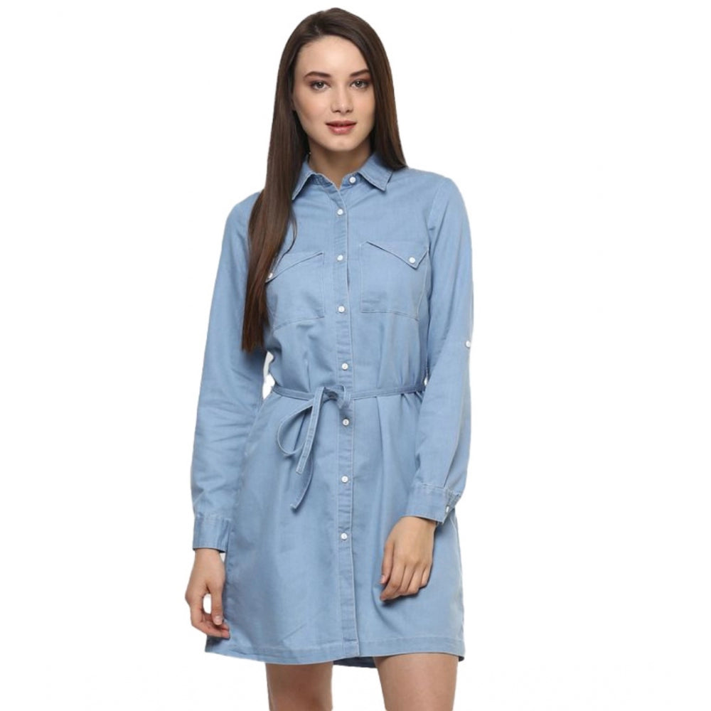 Ranili Denim Solid Long Sleeves Above Knee Dress