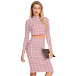 Ranili Polyester Checkered Full Sleeves Stand Collar Crop Top Skirt Set