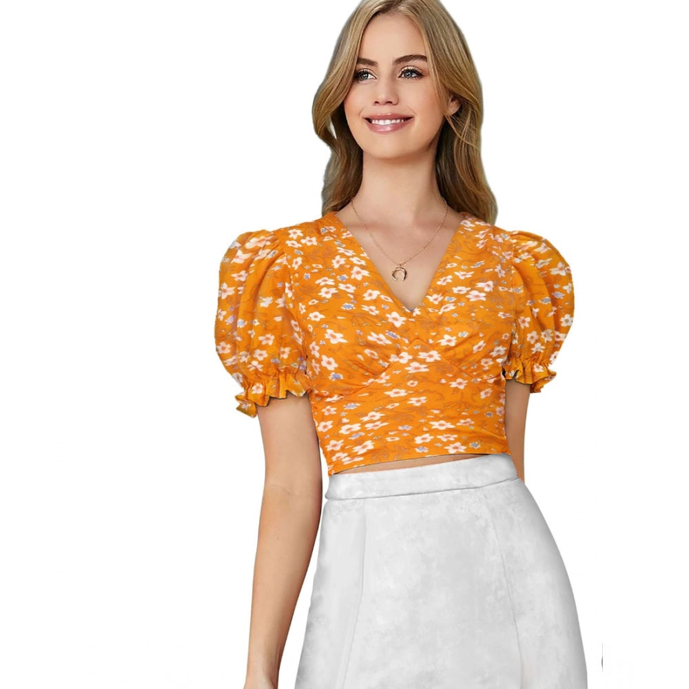 Ranili Knitting Printed V-neck Puff Sleeve Tops