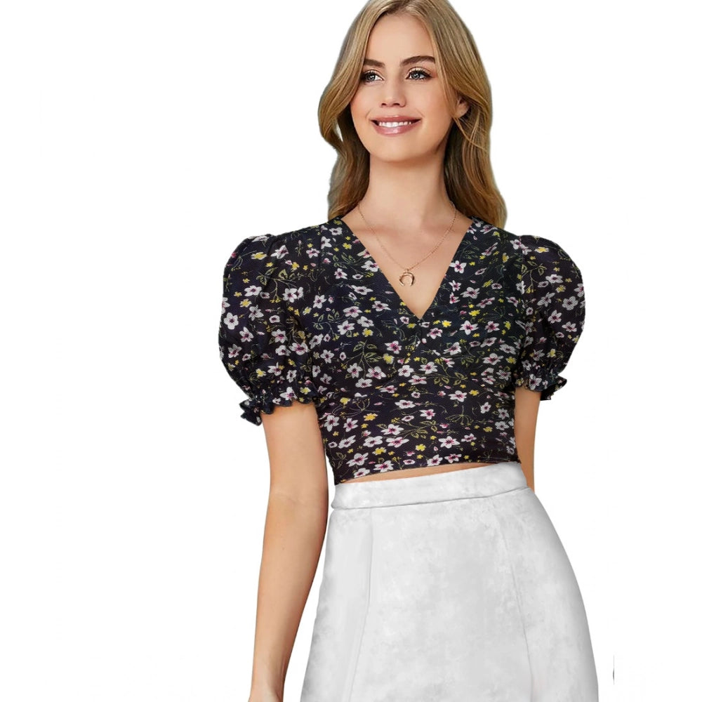 Ranili Knitting Printed V-neck Puff Sleeve Tops