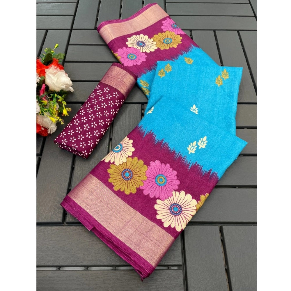 Ranili Cotton Blend Printed Saree With Unstitched Blouse