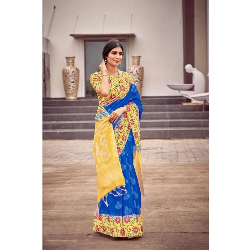Ranili Cotton Blend Printed Saree With Unstitched Blouse