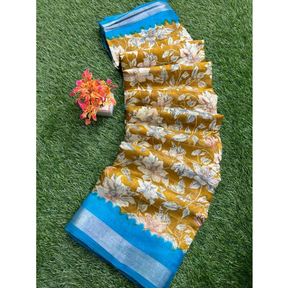 Ranili Linen Printed Saree With Unstitched Blouse