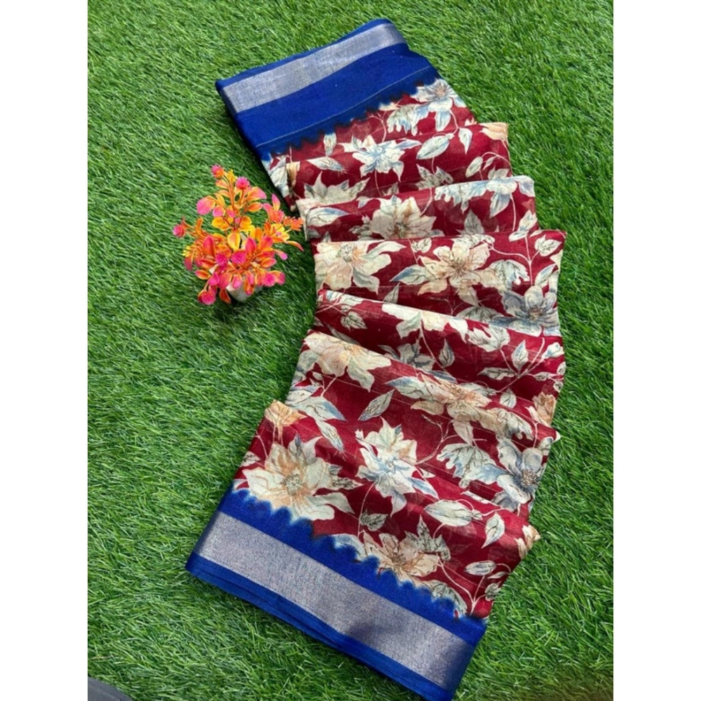 Ranili Linen Printed Saree With Unstitched Blouse