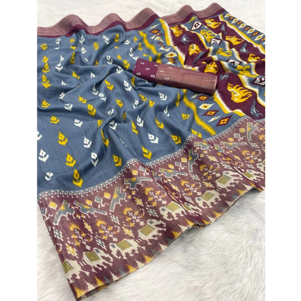 Ranili Silk Blend Printed Saree With Unstitched Blouse